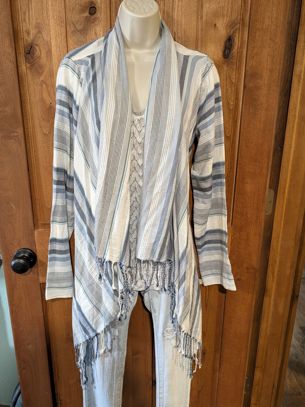 Natural Reflections Blue & White Striped Fringe Open-Front Cardigan